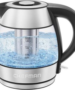 CHEFMAN Electric Kettle - 1.2L 1500W Hot Water Tea Pot with Infuser. BPA Free. Auto Shut Off. Boil-Dry Protection. Removable Lid. LED Light. Cordless Glass Electric Tea Kettle ?C Stainless Steel
