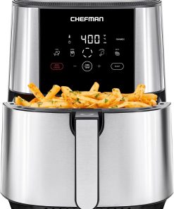 Chefman TurboFry Touch Air Fryer. Large 5-Quart Family Size. One Touch Digital Control Presets. French Fries. Chicken. Meat. Fish. Nonstick Dishwasher-Safe Parts. Automatic Shutoff. Stainless Steel