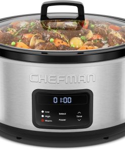 Chefman Slow Cooker 7 Quart. Large Family Size Programmable Digital Slow Cooker with 24-Hour Timer. Low. High & Warm Settings. Ceramic Crock. Tempered Glass Lid. Dishwasher-Safe. Stainless Steel