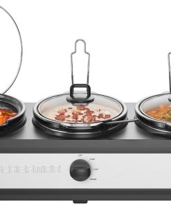 Chefman Triple Slow Cooker & Food Warmer. Three Crock Slowcooker with 2.5 Qt. Ceramic Crocks. 7.5-Quart Total Capacity. PFAS-Free. Three Temperature Settings. Dishwasher-Safe Parts ?C Stainless Steel