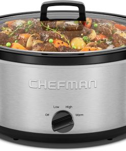 Chefman Slow Cooker 7 Quart. Large Family Size Slow Cooker with Low. High & Warm Settings. Removable Ceramic Crock. Tempered Glass Lid. Dishwasher-Safe for Easy Cleanup. Stainless Steel