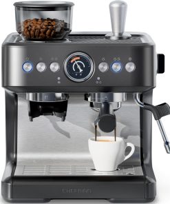 Chefman Crema Deluxe Espresso Machine with Double Boiler. Use Milk Frother and Brew Espresso Simultaneously. Professional Coffee Maker with Coffee Grinder and Steam Wand. 30 Grind Settings