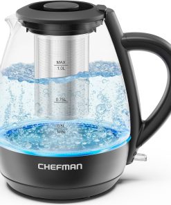 Chefman Electric Kettle with Tea Infuser. Compact 1L (4 Cups). 1500W. Removable Lid for Easy Cleaning. Boil-Dry Protection. Stainless Steel Filter. BPA Free. Auto Shut Off. Small Electric Tea Kettle