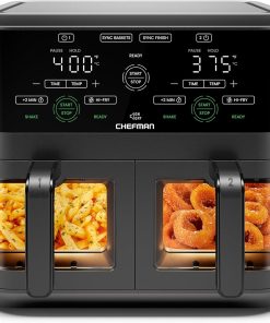 CHEFMAN 6 Quart Dual Basket Air Fryer Oven with Easy View Windows. Sync Finish. Hi-Fry. Auto Shutoff. 2 Independent 3Qt Nonstick Dishwasher Safe Frying Baskets. Digital Double Air Fryer - Black