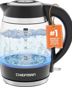 Chefman Electric Kettle. 1.8L 1500W. Hot Water Boiler. Removable Lid for Easy Cleaning. Auto Shut Off. Boil-Dry Protection. Stainless Steel Filter. BPA Free. Borosilicate Glass Electric Tea Kettle