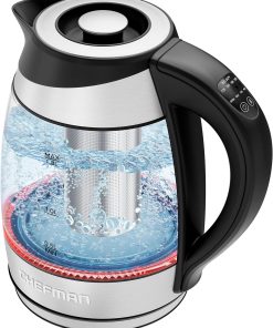 Chefman Electric Kettle with Temperature Control. 5 Presets LED Indicator Lights. Removable Tea Infuser. Glass Tea Kettle & Hot Water Boiler. 360?? Swivel Base. BPA Free. Stainless Steel. 1.8 Liters