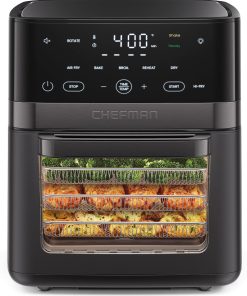 Chefman Air Fryer 6-in-1. XL 14-Quart Multifunctional Airfryer with Touchscreen Controls. Rotisserie. Food Dehydrator. Convection Oven. Bake. Broil. and Reheat Functions. Windowed Door ?C Black
