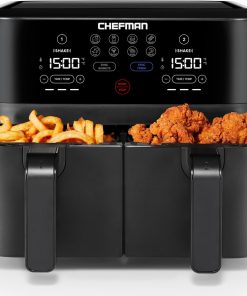 Chefman TurboFry Touch Dual Air Fryer. Maximize The Healthiest Meals With Double Basket Capacity. One-Touch Digital Controls And Shake Reminder For The Perfect Crispy And Low-Calorie Finish